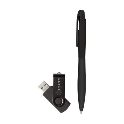 2-teiliges Geschenkset bestehend aus einem blauschreibenden, schlanken Kugelschreiber mit Gummigriff und einem praktischen USB-Stick mit einer Kapazität von 4 GB. Pro Set in einer Verpackung.