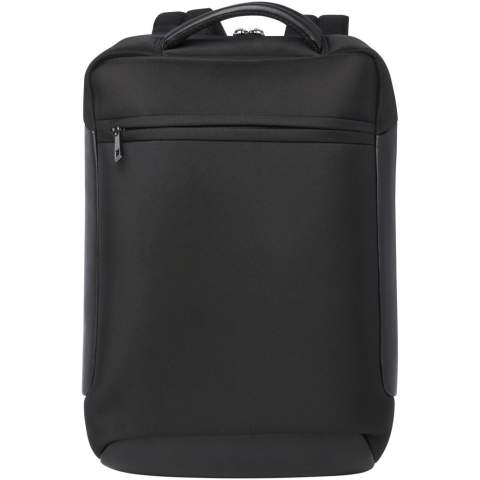 Der schlanke, kompakte und robuste GRS-zertifizierte Expedition Pro Laptop-Rucksack ist der perfekte Begleiter für Berufstätige, die viel unterwegs sind. Er ist aus wasserabweisendem 900D RPET gefertigt, kombiniert mit hochwertigen PU-Elementen und RPET-Futter. Er verfügt über ein spezielles 15,6"-Laptopfach, ein Tablet-Fach, mehrere Organisationsfächer, eine Vordertasche mit Reißverschluss und eine versteckte Tasche direkt unter dem Tragegurt auf der Rückseite. Die gepolsterten und verstellbaren Schultergurte, das integrierte Kartenfach, die Sonnenbrillenschlaufe, die geformte Netzrückseite sowie der gepolsterte Tragegriff sorgen für maximalen Tragekomfort und Bequemlichkeit. Fassungsvermögen: 12 Liter. PVC frei.