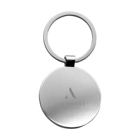 Circular, polished metal and bamboo keyring. A sturdy design. Each item is supplied in an individual brown cardboard envelope.