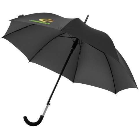 Parapluie au design exclusif avec fonction d'ouverture automatique. Tige et cadre métalliques. Poignée incurvée revêtue de caoutchouc avec détail en aluminium. Poignée au design spécial permettant de suspendre le parapluie à la table. Pochette assortie.