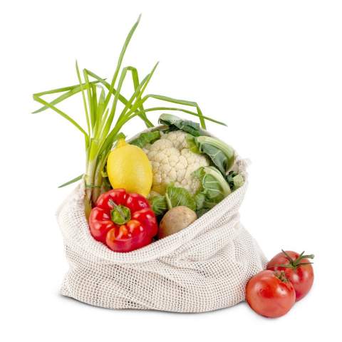 Reduzieren Sie die Anzahl der Plastiktüten im Supermarkt, indem Sie Ihren eigenen Lebensmittelbeutel verwenden. Dieser ungebleichte Baumwollbeutel mit Netz ist sehr gut für Obst und Gemüse geeignet. Verwenden Sie ihn immer wieder und wenn er schmutzig ist, waschen Sie ihn einfach bei niedrigen Temperaturen (könnte einlaufen).