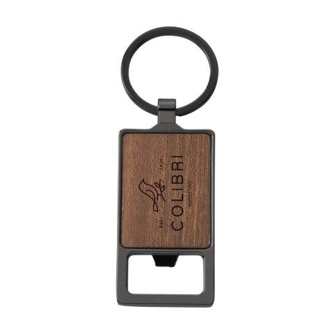 Keychain with bottle opener. With a hardwood handle and a zinc alloy opener. Attached to a sturdy, metal key ring. Each item is supplied in an individual brown cardboard envelope.