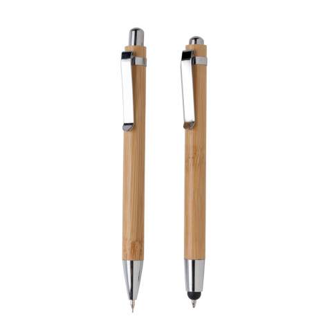 Bamboe pennenset in kartonnen doosje, bestaande uit een blauwschrijvende stylus pen met drukmechanisme en een vulpotlood met 3 stuks 0.7mm vullingen.