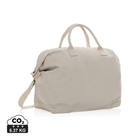 Diese luxuriöse Wochenendtasche ist eine stilvolle und umweltfreundliche Option aus 500g/m² recyceltem Canvas. Sie hat schöne Details, Messingbeschläge und ein geräumiges Hauptfach. Perfekt für alle, die eine hochwertige, umweltfreundliche Reisetasche suchen. Mit AWARE™-Tracer, der die tatsächliche Verwendung von recycelter Baumwolle bestätigt. 2% des Erlöses jedes verkauften Impact-Produkts werden an Water.org gespendet.<br /><br />PVC free: true