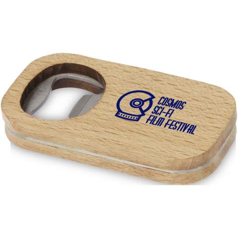 Stainless steel bottle opener with wooden surface.