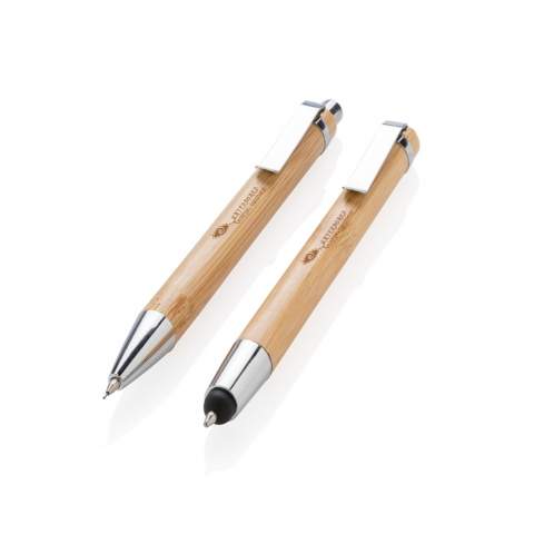 Bamboe pennenset in kartonnen doosje, bestaande uit een blauwschrijvende stylus pen met drukmechanisme en een vulpotlood met 3 stuks 0.7mm vullingen.