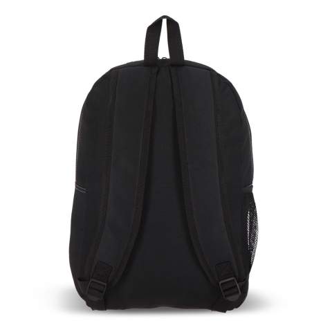 Dieser Rucksack ist aus recyceltem PET hergestellt. Er verfügt über verstellbare, gepolsterte Schultergurte, einen Griff an der Oberseite, ein Fach mit Reißverschluss an der Vorderseite, eine Netztasche an der Seite und einen kleinen reflektierenden Streifen für die Sichtbarkeit bei Nacht.