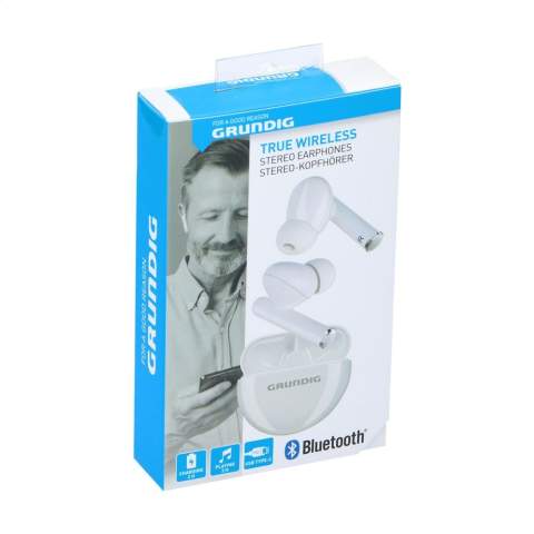 True wireless écouteurs stéréo sans fil TWS de la marque Grundig. Cet ensemble comprend un boîtier de rangement rond et rechargeable. Les écouteurs utilisent Bluetooth (version 5.0) pour une connexion fluide et ils disposent d'un indicateur de batterie LED. Ils disposent d'une batterie de 45 mAh et ne prennent, lorsqu'ils sont placés dans le boîtier de charge de 350 mAh, que 2 heures pour se charger. La durée de lecture maximale est de 3 heures lorsque la batterie est complètement chargée. Avec une excellente reproduction sonore, un volume réglable, un couplage automatique et un contrôle tactile. Écoutez de la musique sans avoir de câbles qui vous gênent et répondez aux appels en mode mains libres avec le microphone intégré. La connexion a une portée de 10 mètres. Entrée 5V/0.5A (Type-C). Inclus : un câble de charge type-C et un mode d'emploi. Par pièce dans une boîte.