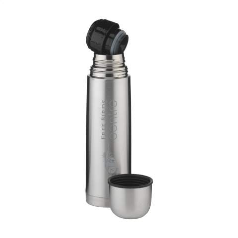 Dubbelwandige, vacuüm geïsoleerde, RVS thermosfles. Onbreekbaar en ijzersterk. De vacuümruimte tussen de wanden isoleert de inhoud en houdt dranken lange tijd warm of koud. Met schroefdop/drinkbeker en handig schenksysteem met druksluiting. Lekvrij. Niet vaatwasserbestendig. Inhoud 500 ml. Per stuk in kraft doos.