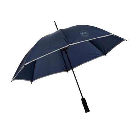 Parapluie anti-vent, léger avec bord réfléchissant, toile en polyester 190T, cadre en fibre de verre, manche en métal, poignée douce et fermeture par bande auto-agrippante.