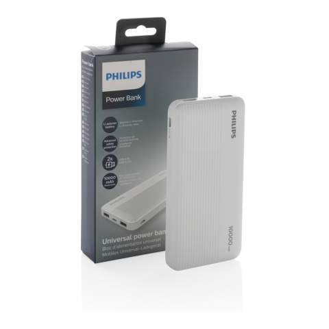 Philips 10.000 mAh powerbank met dubbele usb a uitgang. Geavanceerde veiligheidsbescherming en led stroomindicator. Duurzame Li-Polymeer batterij. Input micro-usb: 5V/2A Type-C output: 5v/2A Uitgang USB-A: 5V/1A USB-A2: 5V/2.1A. Verpakt in Philips geschenkverpakking<br /><br />PowerbankCapacity: 10000