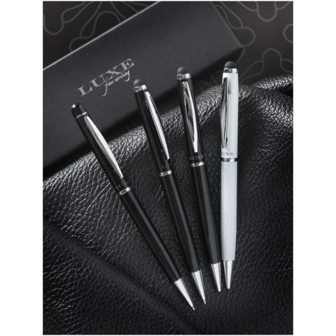 Exclusively designed twist action mechanism stylus ballpoint pen with velvet pouch. Packed in a ''LUXE'' gift box (size: 17 x 3.5 x 2cm).