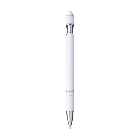 Stylo à bille fin avec un support en aluminium. Doté d'une finition caoutchoutée au toucher doux et d'un dessus / embout en caoutchouc. Clip en métal robuste et pointe en plastique. Encre bleue.