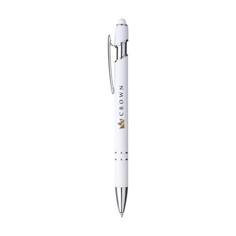 Stylo à bille fin avec un support en aluminium. Doté d'une finition caoutchoutée au toucher doux et d'un dessus / embout en caoutchouc. Clip en métal robuste et pointe en plastique. Encre bleue.