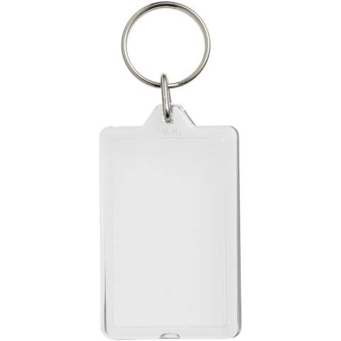 Clear rectangular G1 keychain with metal split keyring. This keychain is reopenable with a coin. The metal looped ring offers a flat profile which is ideal for mailings. Print insert dimensions: 5,0 cm x 3,0 cm.
