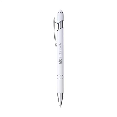 Stylo à bille fin avec un support en aluminium. Doté d'une finition caoutchoutée au toucher doux et d'un dessus / embout en caoutchouc. Clip en métal robuste et pointe en plastique. Encre bleue.