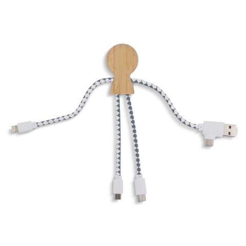 Mr. Bio Bamboo is onze nieuwste multi-oplaadkabel, met een dubbele USB &amp; USB-C ingangsconnector en drie connectoren om je apparaten op te laden. Hij is gemaakt van bamboe en DuPont Tyvek kabels. Hij is verpakt in een stijlvolle, duurzame envelop van FSC-papier.
