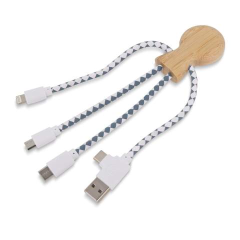 Mr. Bio Bamboo is onze nieuwste multi-oplaadkabel, met een dubbele USB &amp; USB-C ingangsconnector en drie connectoren om je apparaten op te laden. Hij is gemaakt van bamboe en DuPont Tyvek kabels. Hij is verpakt in een stijlvolle, duurzame envelop van FSC-papier.