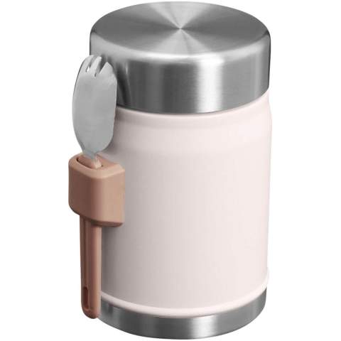 The Stanley Legendary food jar with spork is the ultimate companion for meals on the go, whether you’re traveling or camping. Compact yet spacious, it offers ample room for your favourite hot or cold dishes. The insulated lid features a pressure-release valve, making it easy to open even with temperature changes. Its wide-mouth design allows for effortless filling, pouring, and cleaning. Made from durable stainless steel, it’s top-rack dishwasher safe for quick and easy maintenance. It also comes with a stainless steel spork that fits securely into the side bracket, so you’re always ready to enjoy your meal wherever you are.