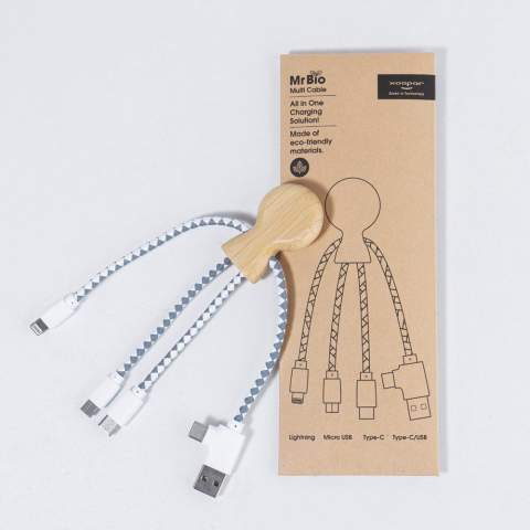 Mr. Bio Bamboo is onze nieuwste multi-oplaadkabel, met een dubbele USB &amp; USB-C ingangsconnector en drie connectoren om je apparaten op te laden. Hij is gemaakt van bamboe en DuPont Tyvek kabels. Hij is verpakt in een stijlvolle, duurzame envelop van FSC-papier.