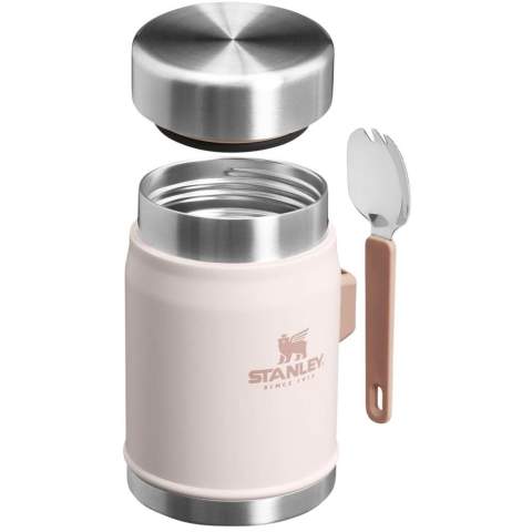 The Stanley Legendary food jar with spork is the ultimate companion for meals on the go, whether you’re traveling or camping. Compact yet spacious, it offers ample room for your favourite hot or cold dishes. The insulated lid features a pressure-release valve, making it easy to open even with temperature changes. Its wide-mouth design allows for effortless filling, pouring, and cleaning. Made from durable stainless steel, it’s top-rack dishwasher safe for quick and easy maintenance. It also comes with a stainless steel spork that fits securely into the side bracket, so you’re always ready to enjoy your meal wherever you are.
