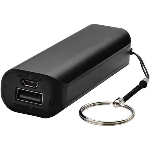 This power bank with a 1,200 mAh rechargeable lithium-ion battery, provides power to charge smartphones, MP3 players and many other devices. It also features a key ring for easy carrying. Includes a USB to Micro USB charging cable. Input 5V/1A, output 5V/1A. Supplied in a white gift box.