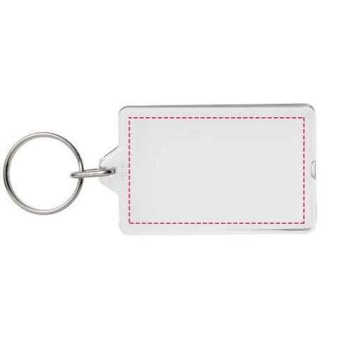 Clear rectangular G1 keychain with metal split keyring. This keychain is reopenable with a coin. The metal looped ring offers a flat profile which is ideal for mailings. Print insert dimensions: 5,0 cm x 3,0 cm.