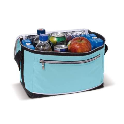 Polyester-Kühltasche mit verstellbarem Griff (1200x30mm). Ein großes Kühlfach und eine kleine Tasche auf der Vorderseite. Beide mit Reißverschluss zum verschließen.