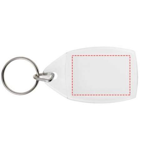 Clear keychain with metal split keyring. The metal looped ring offers a flat profile which is ideal for mailings. Print insert dimensions: 3,5 cm x 2,4 cm.
