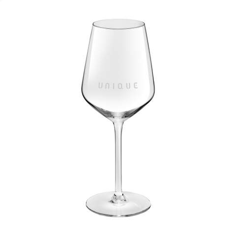 Elegant wine glass with an extra-long stem is made from very clear, high-quality glass. The glass is shaped into a wide chalice with a tapered mouth. This creates an intense taste experience. This stylish glass is suitable for serving wine in catering establishments, during a business meeting or at home. Capacity 370 ml.
