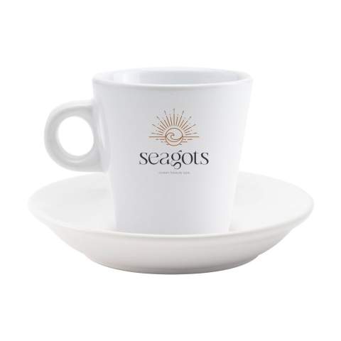 Quality ceramic coffee mug  with saucer. Suitable for all coffee machines. Dishwasher safe. The imprint is dishwasher tested and certified: EN 12875-2. Dim. cup 8 x 8 Ø cm. Dim. saucer Ø 13,8 cm. Capacity 200 ml.