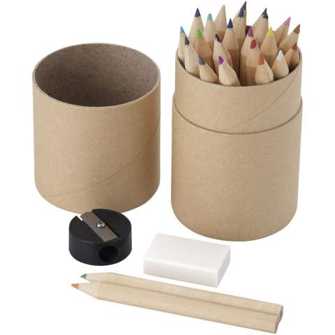 Comprenant dans une boite en carton 24 crayons de couleur, gomme et taille crayon. Marquage indisponible sur les composants.