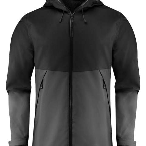 Functionele, bicolor shelljas met getapete naden. Waterdichte ritssluiting vooraan en omgedraaide nylon ritssluitingen aan de zijzakken. Aanpasbare velcrosluiting aan de manchetten. Mesh binnenvoering met linkerbinnenzak en borduurrits. Reflecterende tag in middenrug. De Capuchon en de zoom zijn aanpasbaar met elastische trekkoorden.