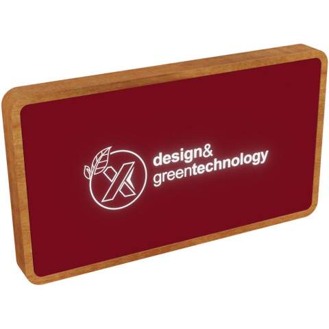 Environment friendly 5000 mah wooden power bank with wireless charging function, that can be decorated with a light-up logo. The logo lights up for 30 seconds when the battery is charged, and stays lit when charging. Delivered in a recycled paper gift box, with a 3-in-1 (iPhone/Android/Type C) cable made of RPET (recycled bottles). Double output USB 2A. 5W. Antibacterial rubber finish. Patent EUROPE EUIPO.
