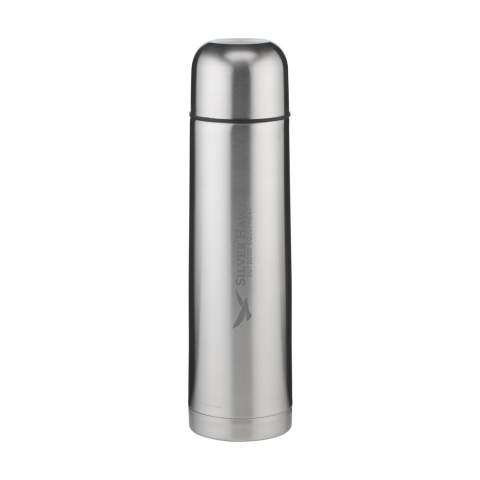 Bouteille thermo à double paroi en acier inoxydable et isolé sous vide. Donc incassables et solides. Le vide entre les parois isole le contenu et garde votre boisson chaude ou froide pendant longtemps. Avec bouchon/gobelet et système verseur pratique. Anti-fuite. Ne passe pas au lave-vaisselle. Capacité 1000 ml. Chaque article est fourni dans une boite individuelle en papier kraft marron.