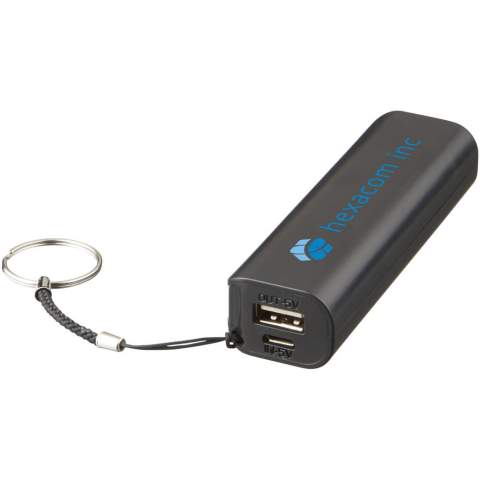 This power bank with a 1,200 mAh rechargeable lithium-ion battery, provides power to charge smartphones, MP3 players and many other devices. It also features a key ring for easy carrying. Includes a USB to Micro USB charging cable. Input 5V/1A, output 5V/1A. Supplied in a white gift box.