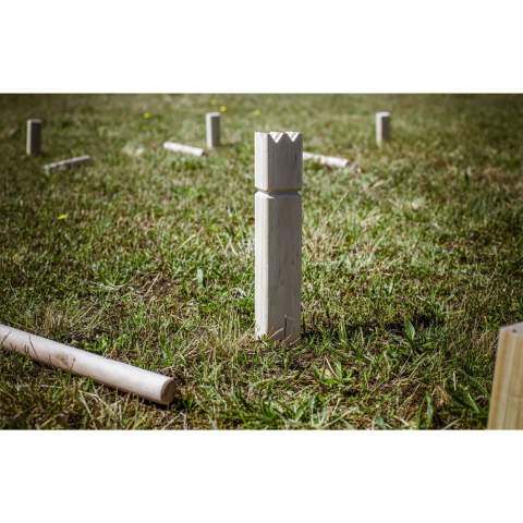 Wooden Kubb throwing game. The ultimate goal is to overthrow the opponent's king after conquering the Kubbs first. This popular Swedish outdoor throwing game is fun to play at a campsite or at the beach. Suitable for players both young and old. The 21-piece set comes in a cotton bag. Game rules included. Each item is individually boxed.