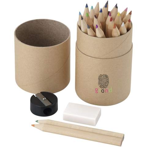 24 coloured pencils, eraser, and sharpener in cylindrical cardboard box. Decoration not available on components.