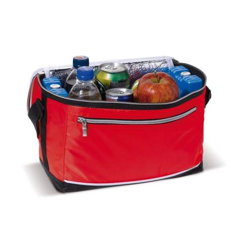 Polyester-Kühltasche mit verstellbarem Griff (1200x30mm). Ein großes Kühlfach und eine kleine Tasche auf der Vorderseite. Beide mit Reißverschluss zum verschließen.