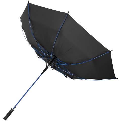 Automatic opening 23" storm umbrella. Pongee canopy and matching pouch, colour pop fibreglass shaft and fibreglass ribs. Colour matching stitching on umbrella closure strap. Windproof system. Exclusive design.