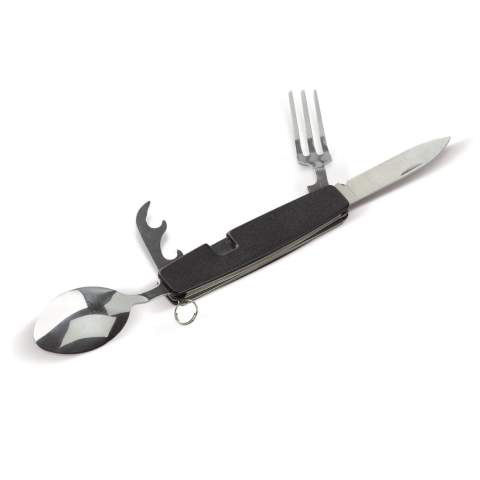 Outdoor cutlery set and multi-tool. Compact, handy and easy to use. This tool includes a knife, fork, spoon and bottle opener.