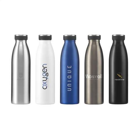 Double-walled, vacuum-insulated, stainless-steel water/thermos bottle. Features include a brushed stainless-steel screw cap and silicone grip. Suitable for keeping cold and hot drinks at a consistent temperature. Leak-free. Capacity 500ml. Each item is individually boxed.