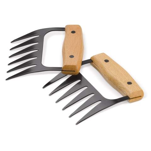 Deze vleesklauwen zijn een perfect hulpmiddel voor iedereen die van pulled-meat houdt. Met dit metalen gereedschap met zwarte tefloncoating en houten handvat, kan het vlees snel worden omgedraaid. Scheur daarna het vlees eenvoudig uit elkaar tot ‘pulled meat’ met behulp van deze klauwen. Wordt geleverd in een geschenkverpakking.