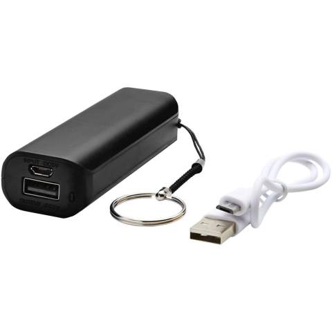 This power bank with a 1,200 mAh rechargeable lithium-ion battery, provides power to charge smartphones, MP3 players and many other devices. It also features a key ring for easy carrying. Includes a USB to Micro USB charging cable. Input 5V/1A, output 5V/1A. Supplied in a white gift box.
