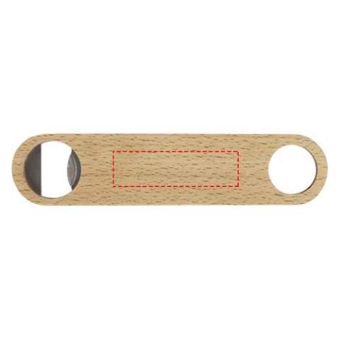 Bottle opener made of stainless steel with wooden surface. Features a hanger on the handle.