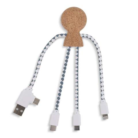 Mr. Bio Cork is onze nieuwste multi-oplaadkabel, met een dubbele USB &amp; USB-C ingangsconnector en drie connectoren om je apparaten op te laden. Hij is gemaakt van kurk en DuPont Tyvek kabels. Hij is verpakt in een stijlvolle, duurzame envelop van FSC-papier.
