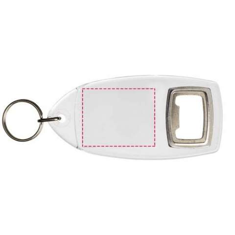 Clear R1 keychain with bottle opener and metal split keyring. The metal looped ring offers a flat profile which is ideal for mailings. Print insert dimensions: 4,0 cm x 3,2 cm.
