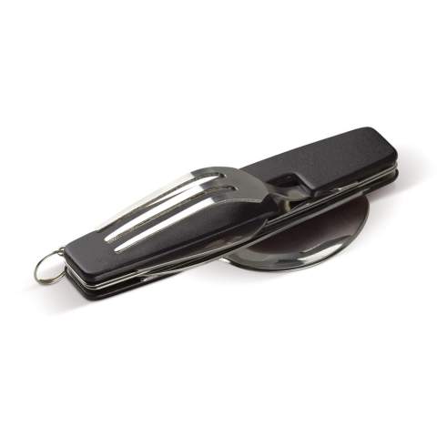 Outdoor cutlery set and multi-tool. Compact, handy and easy to use. This tool includes a knife, fork, spoon and bottle opener.