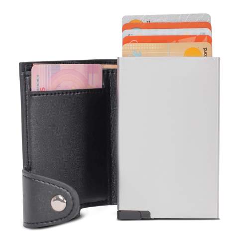 Sophisticated aluminum card holder with stylish leatherette wallet. The card holder protects your cards against RFID skimming. Simply push the button and retrieve up to six cards (four with embossing). The wallet can hold another credit card and bank notes.