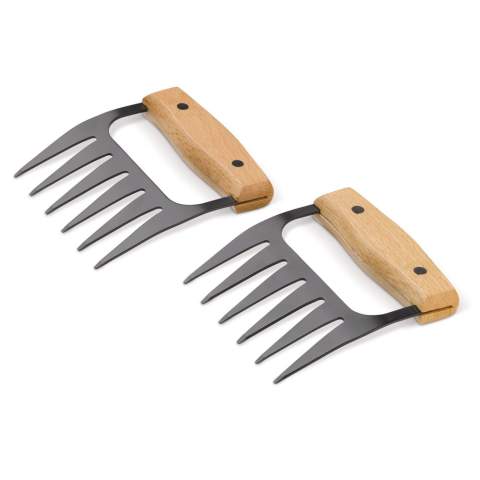 Deze vleesklauwen zijn een perfect hulpmiddel voor iedereen die van pulled-meat houdt. Met dit metalen gereedschap met zwarte tefloncoating en houten handvat, kan het vlees snel worden omgedraaid. Scheur daarna het vlees eenvoudig uit elkaar tot ‘pulled meat’ met behulp van deze klauwen. Wordt geleverd in een geschenkverpakking.